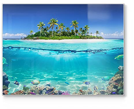 DEQORI Schneidebrett aus Glas | groß 40x30 cm | Motiv Insel im tropischen Meer | Design Schneideplatte für Küche | Frühstücksbrett antibakteriell & rutschfest | Glasplatte & Servierplatte