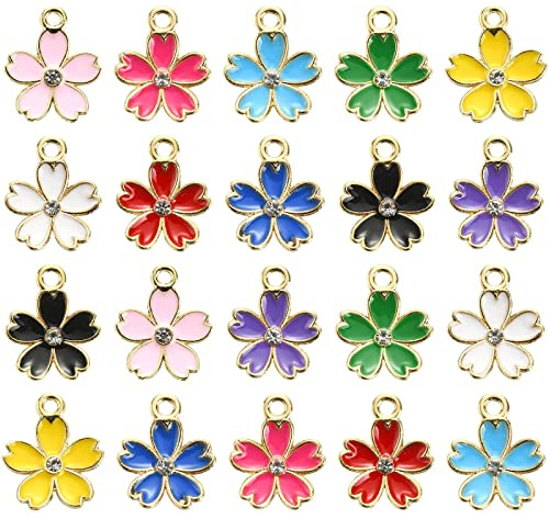 Ipotkitt - 50 pezzi 10 colori ciondoli smaltati Sakura con strass, ciondoli colorati a forma di fiore di ciliegio per accessori fai da te, creazione di gioielli