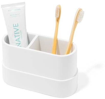 Yew Design Matte White Large Toothbrush and Toothpaste Holder for Bathroom Vanity and Countertop, 2 Compartments Round Organizer for Electric Toothbrushes, Floss, Razors, Cotton, and Mouthwash