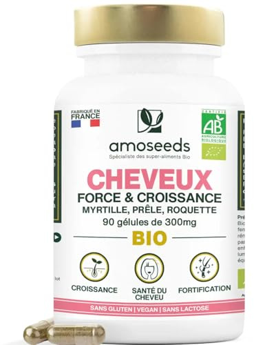 Cheveux BIO | Pousse, Croissance, Fortification | 100% Naturel | 90 gélules | À base de Myrtille, Prêle, Roquette | Qualité supérieure