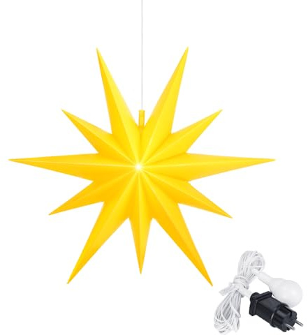 OVILUM Leuchtstern 2D mit LED Beleuchtung | gelb | |Ø 57 cm| 2D Stern mit 11 Spitzen | wetterfest | Garten Deko, Wohnzimmer, Weihnachtsdeko | Weihnachtsstern | mit Timer | 7,5m Zuleitung