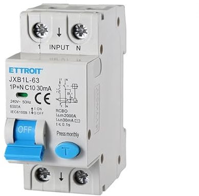 ETTROIT INTERRUTTORI MAGNETOTERMICI DIFFERENZIALI SALVAVITA PER BARRA DIN 2 MODULI 1P+N 240V 30mA 6KA (10A)