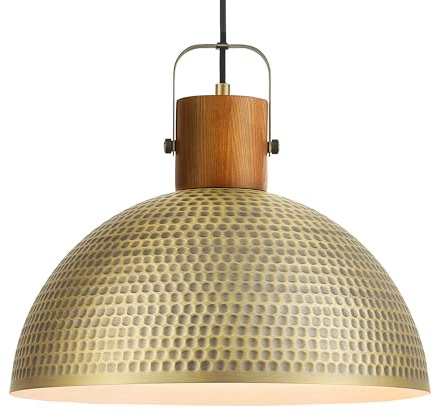 ELYONA 16 Inch Large Hammered Pendant Light Fixtures Ash Wood Vintage Dome Hanging Lamp Antique Gold Metal Kitchen Chandelier for Island, Farmhouse Dining Room Living Room Hallway Brushed Brass