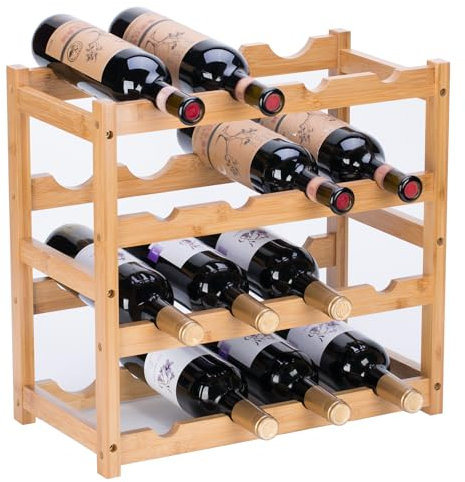 YunNasi Porte Bouteilles en Bambou, Casier à Vin de Naturel pour Comptoir, Étagère de Présentation de Vin pour La Cuisine, Bar, Cave (4 Tiers-16 Bouteilles)