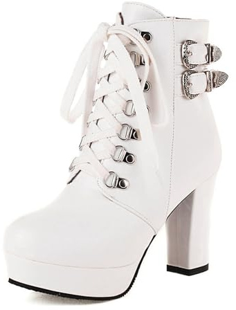 WOkismD Botas de tacón alto para mujer, botas de plataforma, tacones gruesos, puntera redonda, con cordones, tacón alto, botas de media pantorrilla, cremallera lateral, zapatos de vestir para otoño e