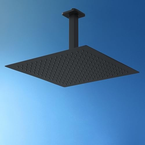 JOHO Soffione doccia a pioggia in acciaio inox 304, 12 Pollici/30 cm Docce Fisse con braccio doccia a pioggia per attacco a soffitto 15 cm, Nero (30 x 30 cm/15 cm)