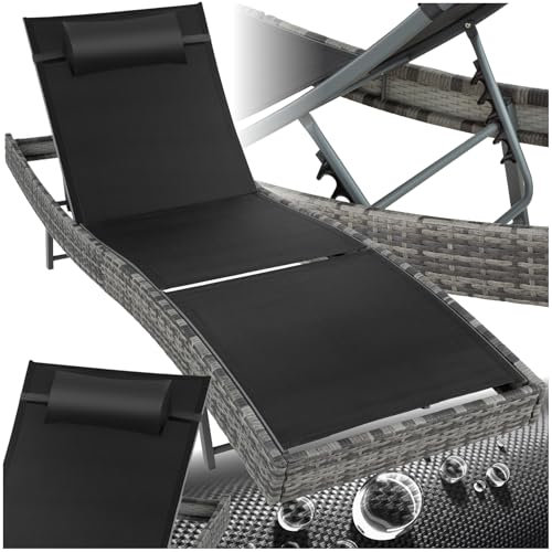 tectake® Sonnenliege, 6-Fach verstellbare Rückenlehne, Gartenliege wetterfest, Poolliege mit Kopfkissen, Outdoor Liege, UV-beständig, Strandliege für Garten, Terrasse und Balkon - grau-meliert