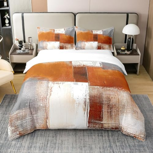 Homewish Orange Gris Blanc Coton Housse de Couette Peinture À l'huile Ensemble de Literie 240 x 260,Ombre Dégradé Ensemble de Lit Graffiti Abstrait Couvre Lit avec 2 Taies d'oreiller