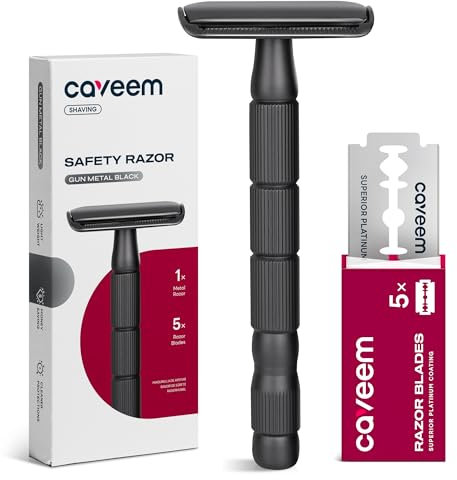 CAVEEM Rasoio di Sicurezza a Doppio Taglio, Rasoi a Lama Singola con 5 Lamette di Sicurezza in Acciaio Inossidabile per Uomo e Donna, Rasoio in Metallo Riutilizzabile - Nero Canna di Fucile