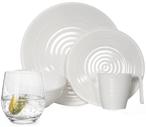Vaisselle de camping en mélamine crème 16 pièces + 4 verres Timo pour 4 personnes - Vaisselle de table pour pique-nique et barbecue