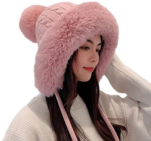 Damen Wintermütze Peruanische Mütze Strickmütze Warme Winter Beanie Mütze Fellmütze Pelzmütze Bommelmütze Plüsch Ohrenklappe Mütze Damen Wintermütze Strickmütze Pom Pom Beanie Mütze mit Ohrenklappe