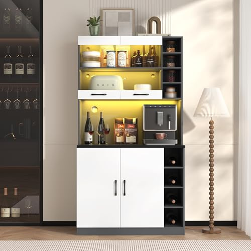 DRIXNO Küchenschrank, Buffet mit LED-Ambiente-Beleuchtung & Kabellöchern, Küchen-Highboard aus Holz, Großer Platz für Mikrowelle, Freistehend, Höhenverstellbare Seitliche Ablagefächer，Weiß