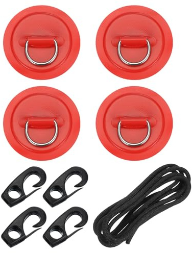 PATIKIL Parche De Anilla D, 4 Piezas De Anilla D De Acero Inoxidable con Parche De PVC Sin Pegamento Incluye Cuerdas Elásticas De 8.2 Pies Y Ganchos para Bote Inflable, Tabla, Rojo