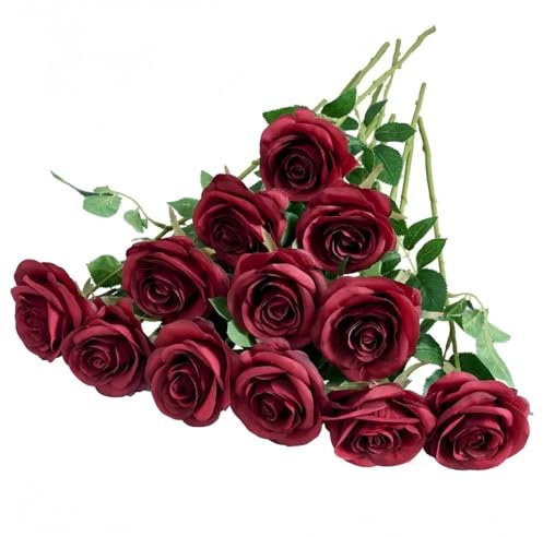 Waibejon 12 Pcs Artificial Red Roses with Stems, Red Fake Roses Artificials Flowers,Fake Artificial Red Roses Silk Flowers, for Home Garden Party Hotel Wedding DIY