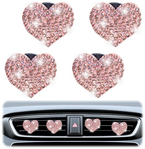 4 Stück Herzförmige Auto Lufterfrischer Clip,Auto Deko Freshener Clip,Auto Zubehör Innenraum Deko Duft Clip,Auto Innenraum Deko,Car Vent Des Niedlicher Girly Pink Glitzer Strass Liebe Herzform