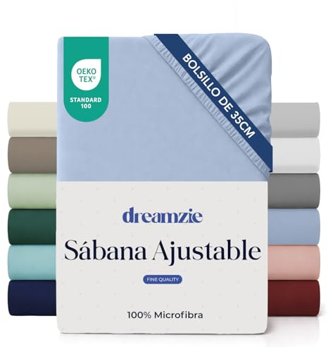 Dreamzie - Sábana Bajera 150x190/200cm Ajustable - Microfibra Ultra Suave | Azul · Para Colchones de hasta 35cm · Certificado OEKO-TEX · Ropa de Cama · Transpirable · Fácil de Lavar · Elásticas