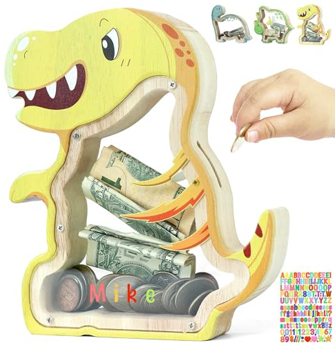 DBPBToU Spardose Kinder aus Holz Spardose Dino (Gelb) | Sparschwein Durchsichtig für Kinder, Personalisierte Aufkleber