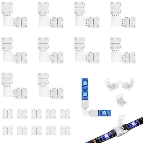 Kit de 20 Conectores para Tiras LED 4 Pines RGB 10mm, Conector Tira LED, 10 Conectores en Forma de L y 10 Sin Espacio, Sin Soldadura, para Tiras No Impermeables, Snap Down Rápidos y Seguros, Blanco