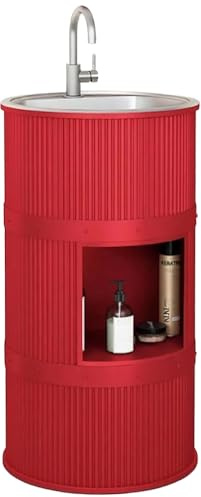 ZTGL Mobile da Bagno con Lavabo in Acciaio Inox, Lavandino a Colonna in Ferro Battuto Stile Industriale Mobile da Bagno, Lavandino su Piedistallo con Rubinetto e Scarico,Rosso