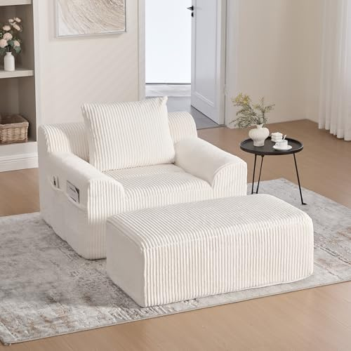 HAUSPROFI Schlafsessel aus Cord, 147x110x67cm Sofa Sessel mit Hocker, Seitentaschen und Kissen, Boneless Sofa für Wohnzimmer, Schlafzimmer Keine Montage Erforderlich (Weiß, 147x110x67cm)