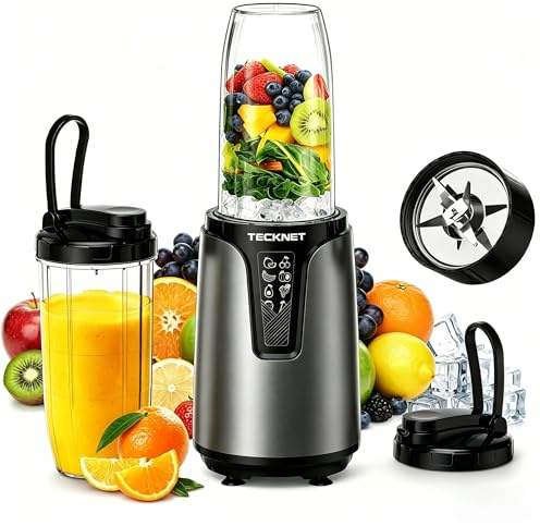 TECKNET Personal Blender Smoothie Maker, 1000W Powerful 25,000PRM, Blends Fruit & Vegetables, 2x600ml Portable Travel Cups with Spout Lids & Handled Ring, Makes Smoothies & Juice, Grey