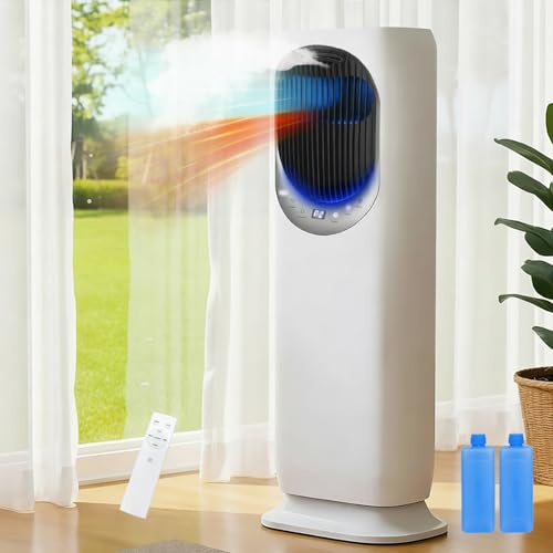 MoraRise Evaporative Air Cooler for Home, 4-in-1 Portable Air Cooler & Tower Fan Heater with 4L Water Tank, 120° Oscillating Cooling Fan with 2 Ice Packs, 12H Timer, Humidifier (White, Crescent)