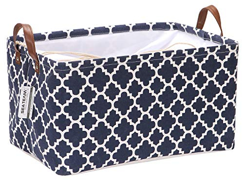 Sea Team Moroccan Pattern Canvas Fabric Storage Basket Collapsible Geometric Design Storage Bin with Drawstring Cover and PU Leather Handles, 16.5 by 11.8 inches, Waterproof Inner