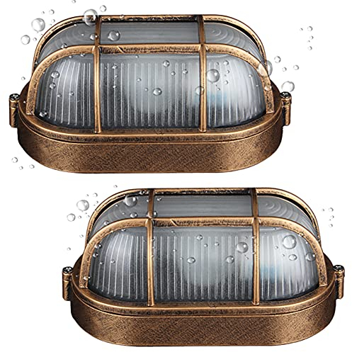 2 Stück Ovalleuchte mit Metallkorb Außenwandleuchte, Retro Innen & Aussen Wandlampe/Deckenleuchte Wasserfest Oval Schiffswandleuchten, E27-Fassung 60W, IP44 wetterfest Ovales Bullauge Außenbeleuchtung
