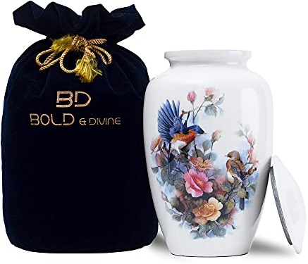 Bold & Divine Urne funéraire imprimée Oiseaux Blancs | Grande Taille | 500 cm Cubes | pour Cendres humaines Adultes, Enterrement, funérailles avec Sac en Velours Unique