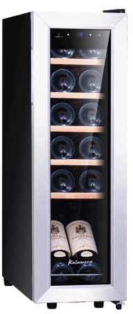 Kalamera Nevera pequeña para vino, 5 – 18 °C, compresor, 12 botellas, almohadillas de madera extraíbles, 35 litros, KRC-35FCSS Vinoteca