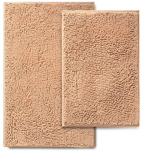 NUOVARUGS Bathroom Rugs Set, 2 Piece Washable Chenille Bath Mats, Non-Slip Bath Rug with Soft Rubber Backed, Shower Mats for Bathroom Floor, Tub and Shower (20×30 + 17×24, Beige)