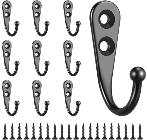 Heyu-Lotus 10 Stück Haken zum Schrauben, an der Wand befestigte Haken Garderobenhaken Schwarz mit 20 Stück Schrauben für Schlafzimmer, Badezimmer