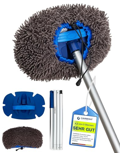 Carbigo® Profi Auto Waschbürstenüberzug Set 21x28cm (700 GSM) – Inkl. Teleskopstange & 180° Schwenkkopf – Autowaschmopp mit saugstarkem Brush Cover – Ideal für Autos, Motorräder, Wohnwagen, LKW