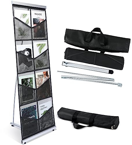 Outus Mesh Literature Brochure Holder with 8 Pocket Portable Magazine Display Roll Up Magazine Rack Lightweight Floor Standing Catalog Office Brochure Display Stand for Business Trade Shows (Black)