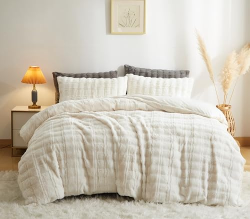 Sedefen Housse de Couette 200x200cm Blanc Crème Peluche Hiver Chaude Duveteuse Parure de lit 2 Personnes Adulte Flanelle Furry Fuzzy Linge de lit Avez Fermeture Éclair et 2 taies d'oreiller 65x65cm