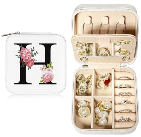 JEKUGOT Personalisierbare Reise-Schmuckschatulle, Alphabet-Schmuck-Organizer, kleine Reise-Schmuck-Aufbewahrungsbox mit Spiegel, tragbare Schmuckschatulle, Geburtstagsgeschenk für Frauen