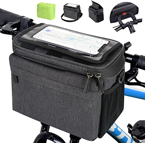 LEMEGO Lenkertasche mit Adapter für E Bike und Fahrrad 5.3 L Lenker Fahrradtasche Fahrradkorb vorne wasserdicht Fahrrad Handyhalterung Zubehör mit Einstellbar Touchscreen und abnehmbar Schultergurt