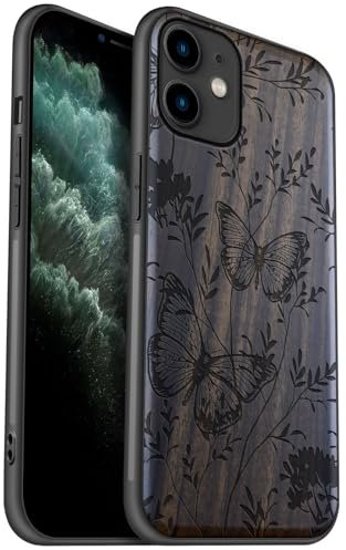 Carveit Coque en Bois pour iPhone 11 Étui Protection Artistique Cover TPU Souple de téléphone Antichoc Compatible avec Apple 11 Etui (Bois Sombre-Danse de Papillons)