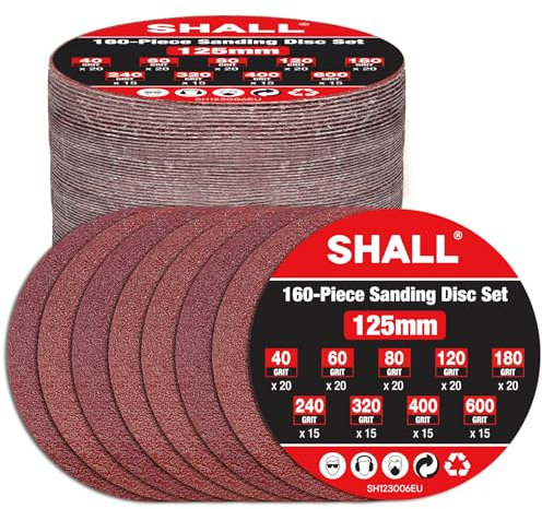 SHALL 160 pezzi 125mm dischi abrasivi, (gancio e anello 9 tipi grana mista), 8 fori 5 pollici dischi abrasivi rotondi pastiglie, per levigatrice orbitale orbitale e tutti gli utensili oscillanti