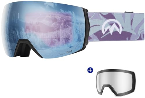 OutdoorMaster Ultra Ski Goggles Lens by ZEISS, OTG Snowboard Goggles Anti-fog Wide View, Magnetic Interchangeable Lens, Snow Goggles for Men & Women(FrozenBlue Vlt 18% + ClearLens)