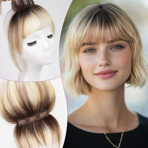 EMMOR Clip in Pony, 100% Echthaar Pony mit 3 rutschfesten Clips, 360° Deckhaar-Aufsatz mit 11 cm natürlichen Ponyfransen zur Verschönerung der Gesichtszüge(Ombré Ausgebleichtes Blond)