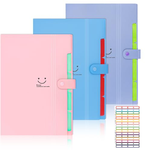 3 Stück Dokumentenmappe A4 mit 5 Fächern, Tragbare Sortiermappe mit Etiketten, Ordnungsmappe für Zuhause, Büro und Schule