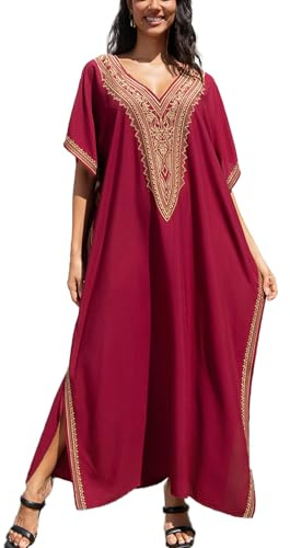 YouKD Vestido de playa estilo caftán bohemio bordado floral para cubrir el bikini, talla grande, para mujer, talla única