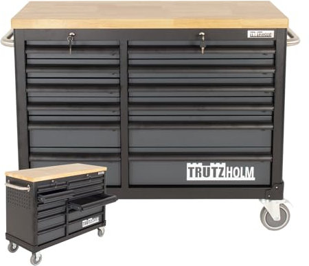 TRUTZHOLM Werkstattwagen Deluxe 12 Schubladen unbestückt mit massiver Arbeitsplatte Farbe nach Auswahl (Anthrazit/grau)
