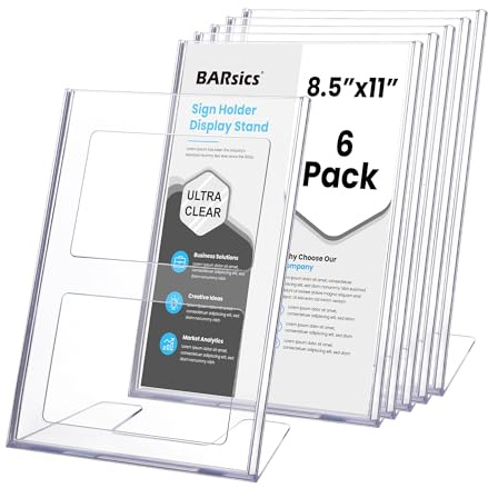 BARsics Plastic Sign Holder 8.5x11 Clear, Top-Load Paper Standing Display (Pack of 6)