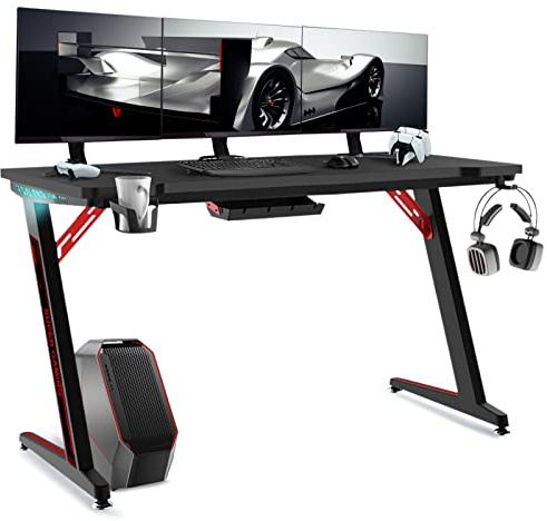 Gaming Schreibtisch LED 120 x 60 cm, Gaming Tisch mit LED, Z Rahmen Stabiler PC Tisch mit Kohlefaserbeschichtung, Gamer Tisch mit Getränkehalter, Veranstalter und Kopfhörerhaken, Einfach zu Montieren