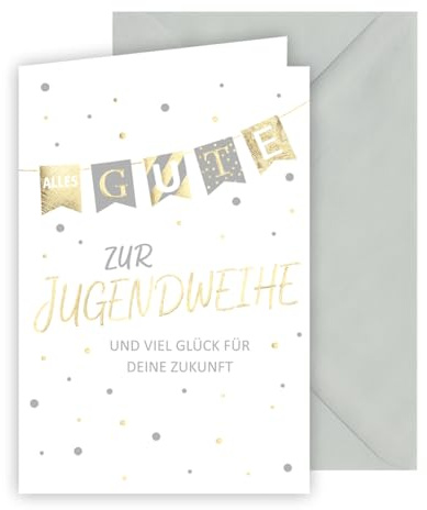 KE - Premium Glückwunschkarte zur Jugendweihe, Punkte, silbergrau, mit Umschlag, Goldprägung, Format: B6, Motiv: Wimpel