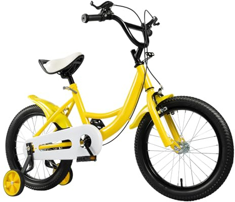 Madelynn Fahrrad 16 Zoll Junge Kombinierte Vorder und Hinterradbremse Kinderfahrrad Gummireifen mit Abnehmbare Stützräde Kettenabdeckung Kinder Fahrrad mit PU-Leder Kissen für 5-8 Jahren (Gelb)