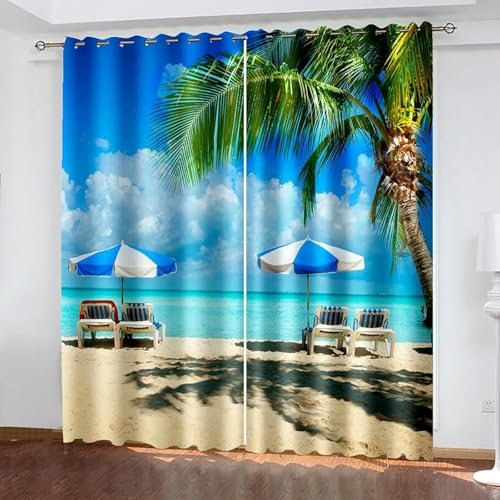 Bishilin Verdunklungsvorhänge Ösen 2er Set 137x183CM, Gardinen Verdunkelnd Landschaft Meer Kokospalme Strandkörbe Vorhänge Blickdicht Schlafzimmer Wohnzimmer