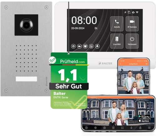 Balter ENTRI L Video Doorbell Unterputz Türklingel mit Kamera und 1x 7 Zoll Touchscreen HD WLAN Monitor, kabelgebunden Türsprechanlage mit Interkom WiFi Mobile App für 1 Familienhaus Set